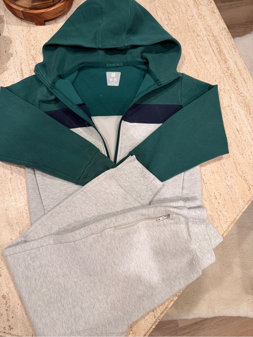 Uniqlo Kids Zip Hoodie Set in Green, Navy & Light Gray